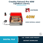Creality Falcon2 Pro 40W LightBurn material library digital download cover with 60 presets