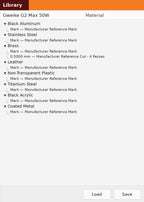 Materials included in the Gweike G2 Max 50W LightBurn CLB material library