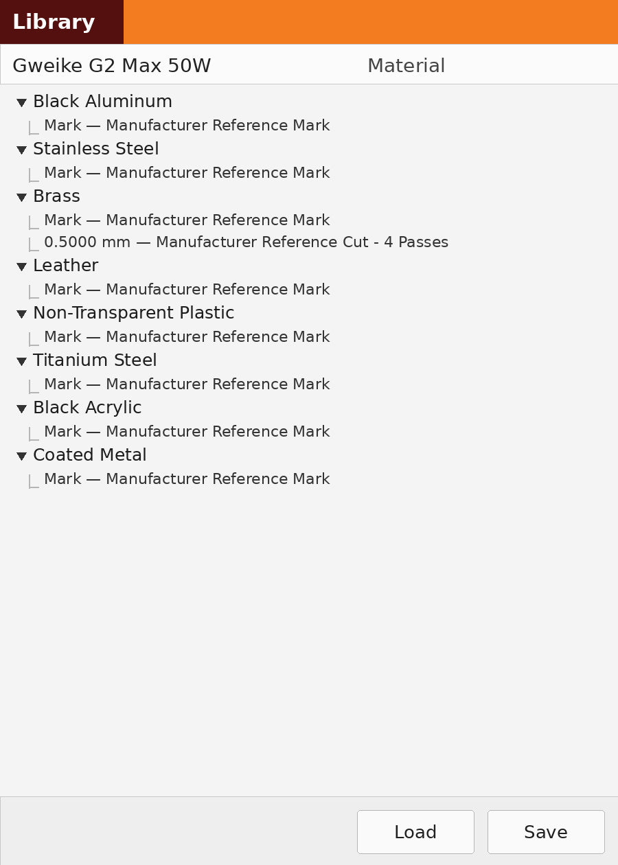Materials included in the Gweike G2 Max 50W LightBurn CLB material library