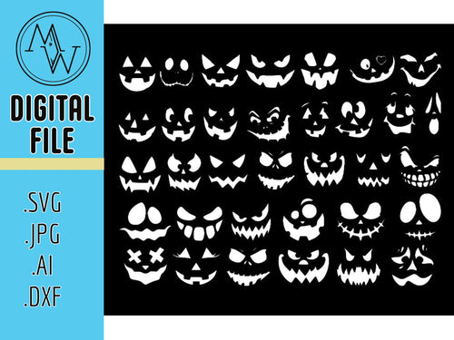 34 Halloween Pumpkin Faces, Jack O Lantern (svg, png, dxf, ai Digital File)