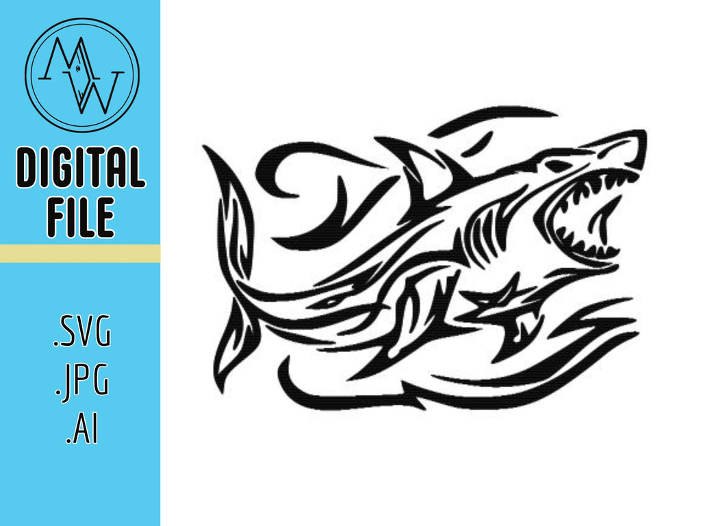 Tribal Shark (svg, jpeg, ai), CNC Laser Cut File (Digital Download)