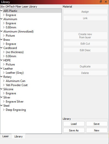 OMTech 30W Fiber Laser Lightburn Material Library (Digital Download)