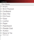 OMTech 55w Laser Lightburn Cut Library: Premade Material Settings (Digital Download)