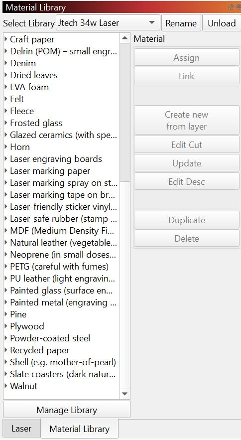 JTech 34W Pro LightBurn Material Library | 50 Material Presets | .CLB Digital Download | Onefinity Laser Settings