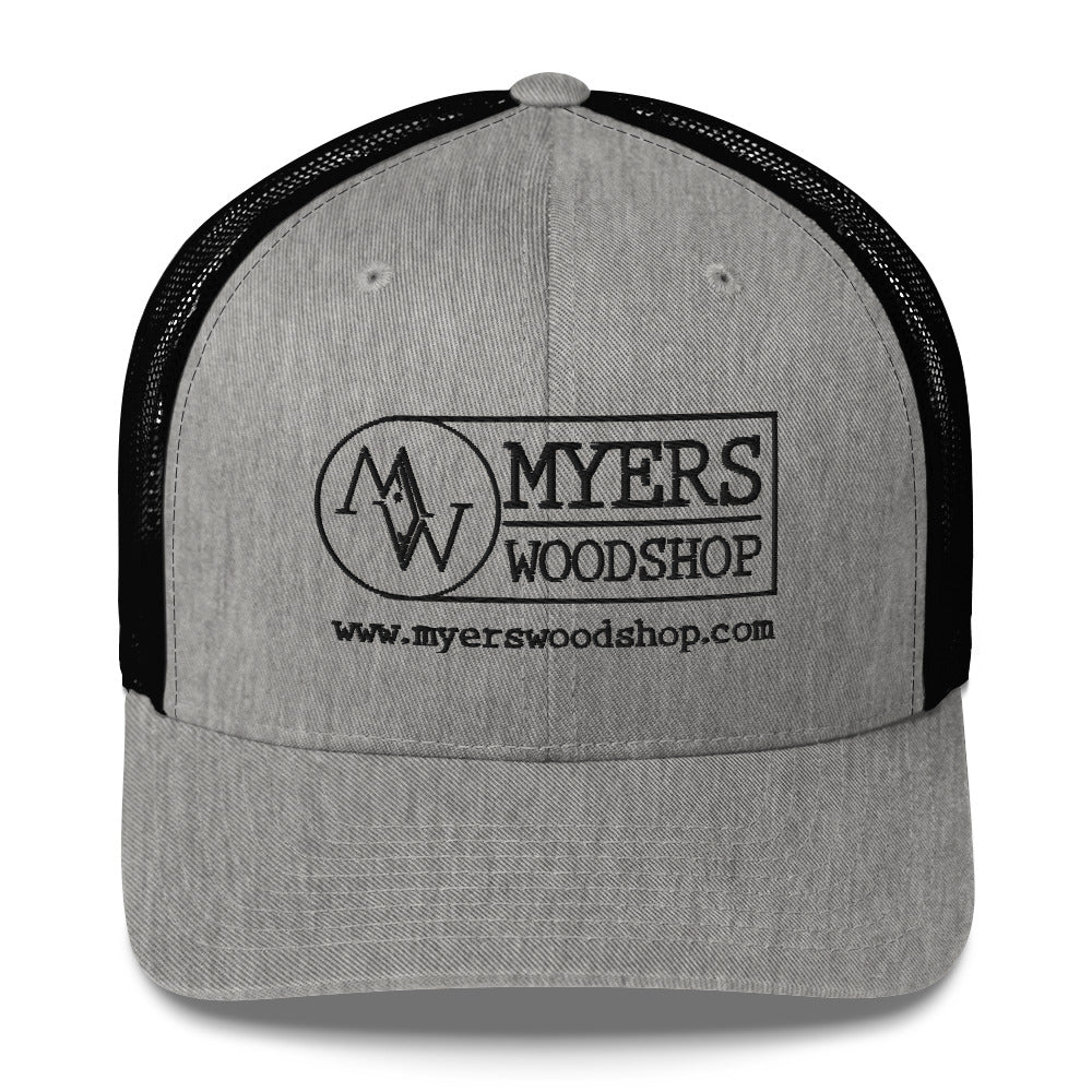 Myers Woodshop Trucker Hat in Heather Black, front view