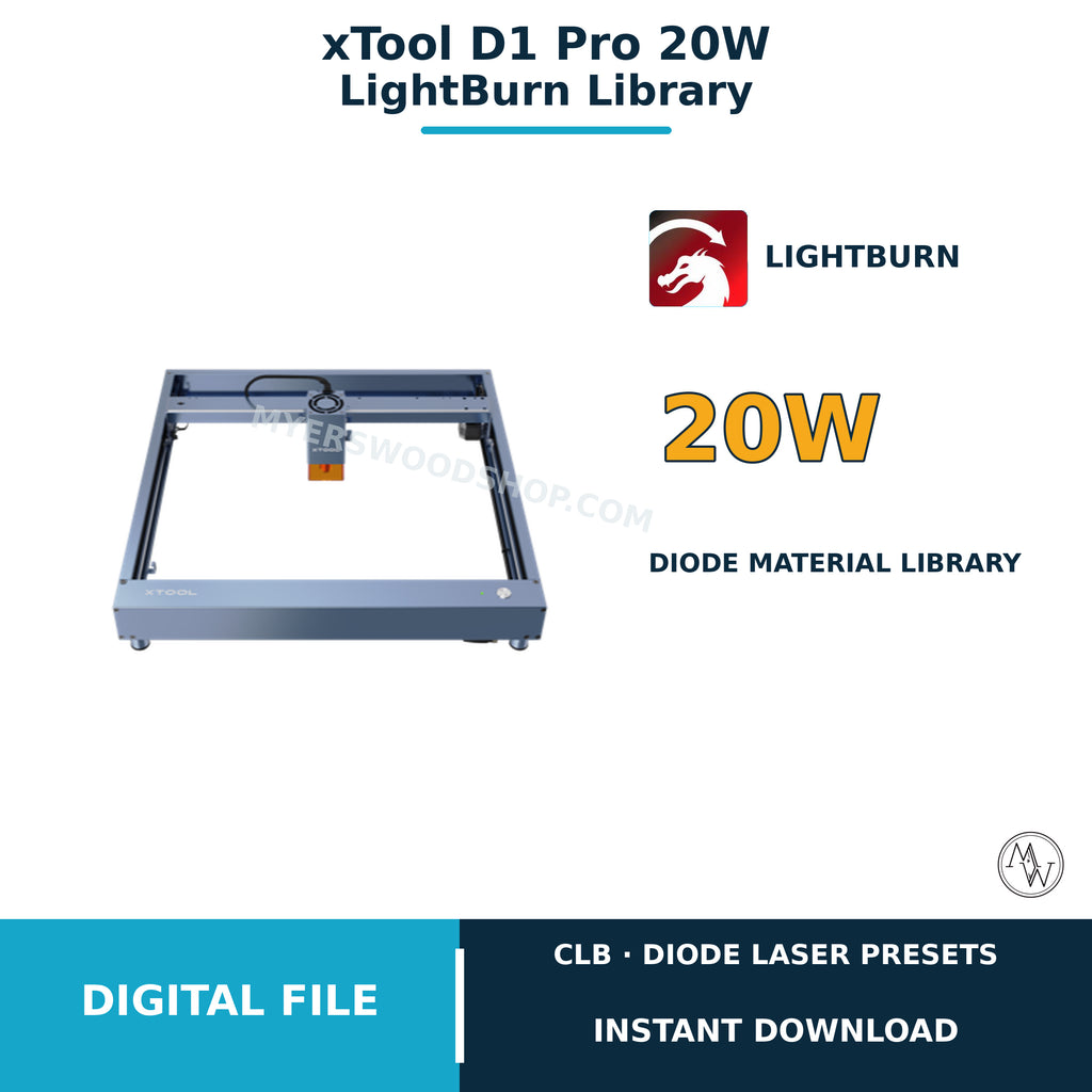 xTool D1 Pro 20W LightBurn material library digital download cover with 200 presets