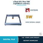 xTool D1 Pro 5W LightBurn material library digital download cover with 25 presets