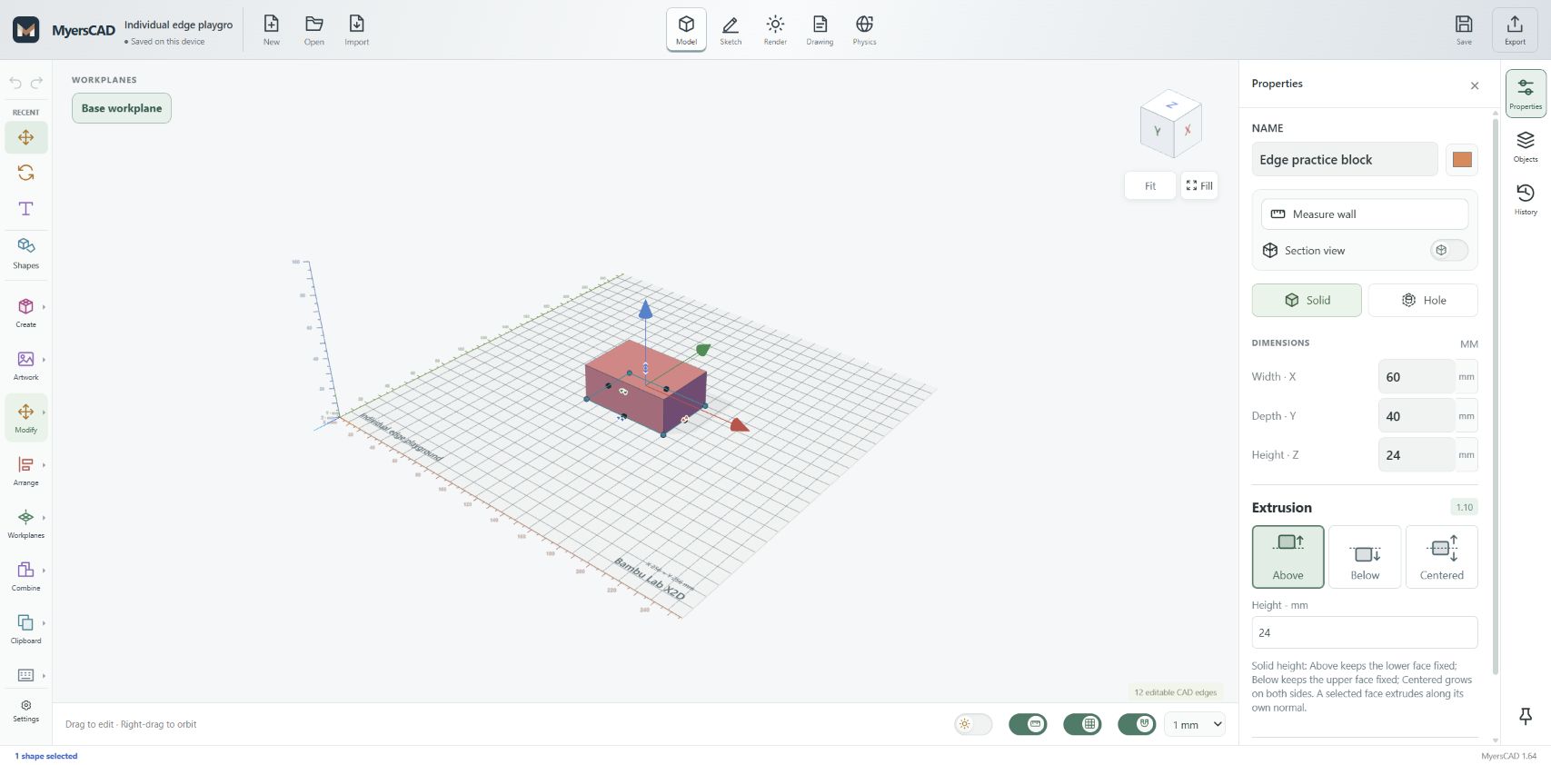 MyersCAD browser CAD workspace showing an editable 3D block, dimensions, and modeling tools